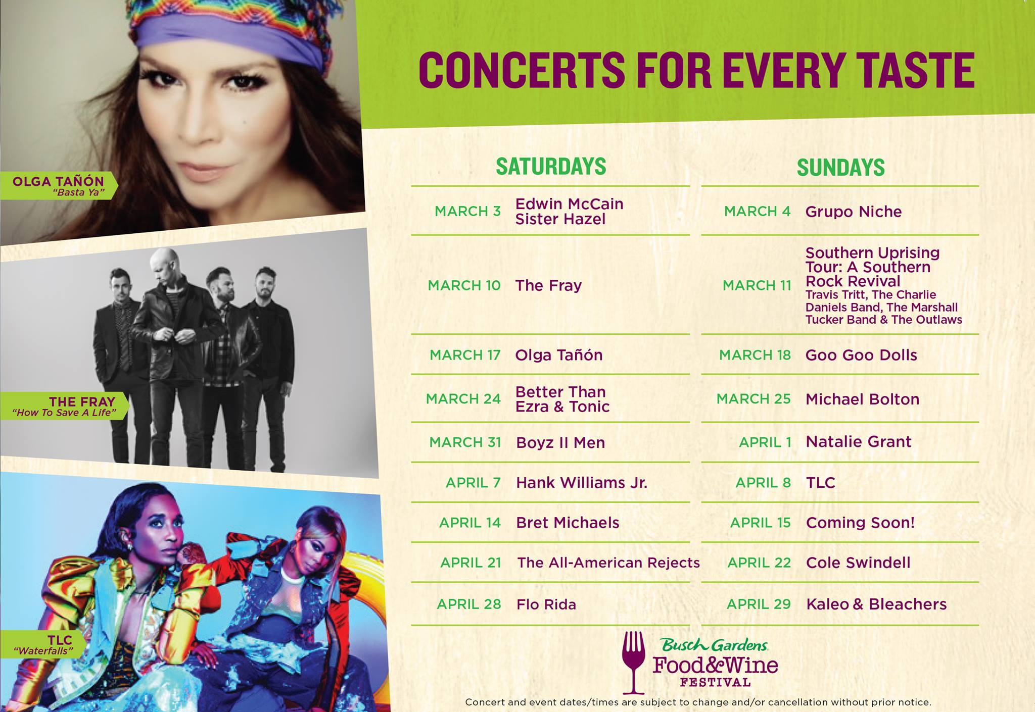 Busch Gardens 2018 Food & Wine Festival Concert Lineup